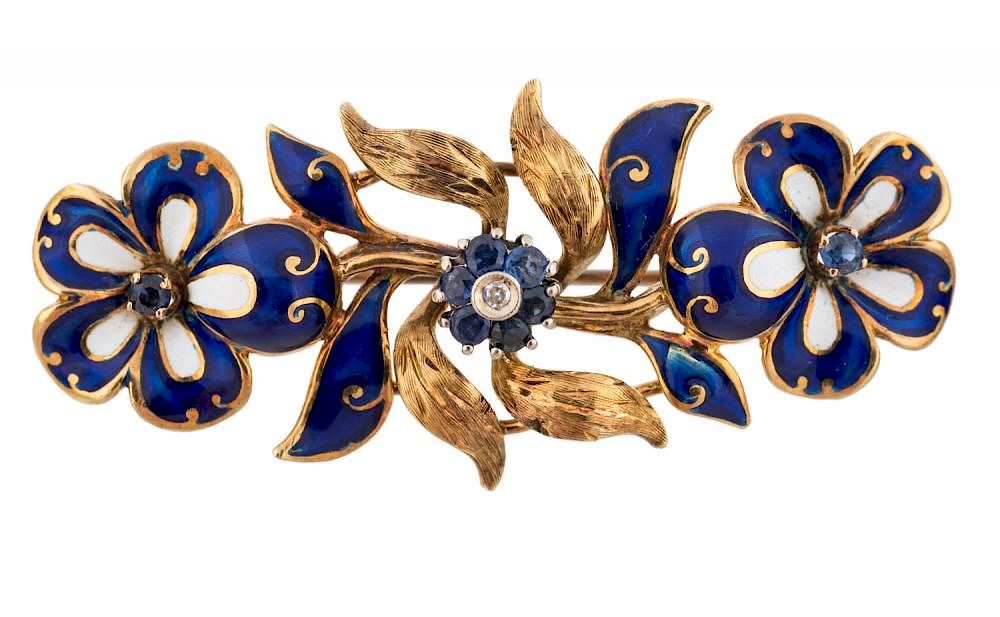 Appraisal: GOLD ENAMEL SAPPHIRE AND DIAMOND BROOCH CIRCA TH CENTURY GOLD