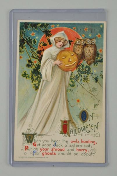 Appraisal: Winsch-Schmucker Halloween Postcard Dated Girl in white robe with jack