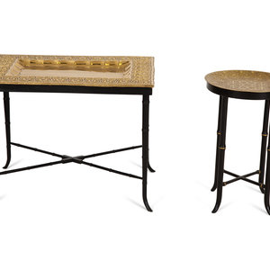 Appraisal: Two Chased Brass Tray-Top Occasional Tables with Ebonized and Gilt