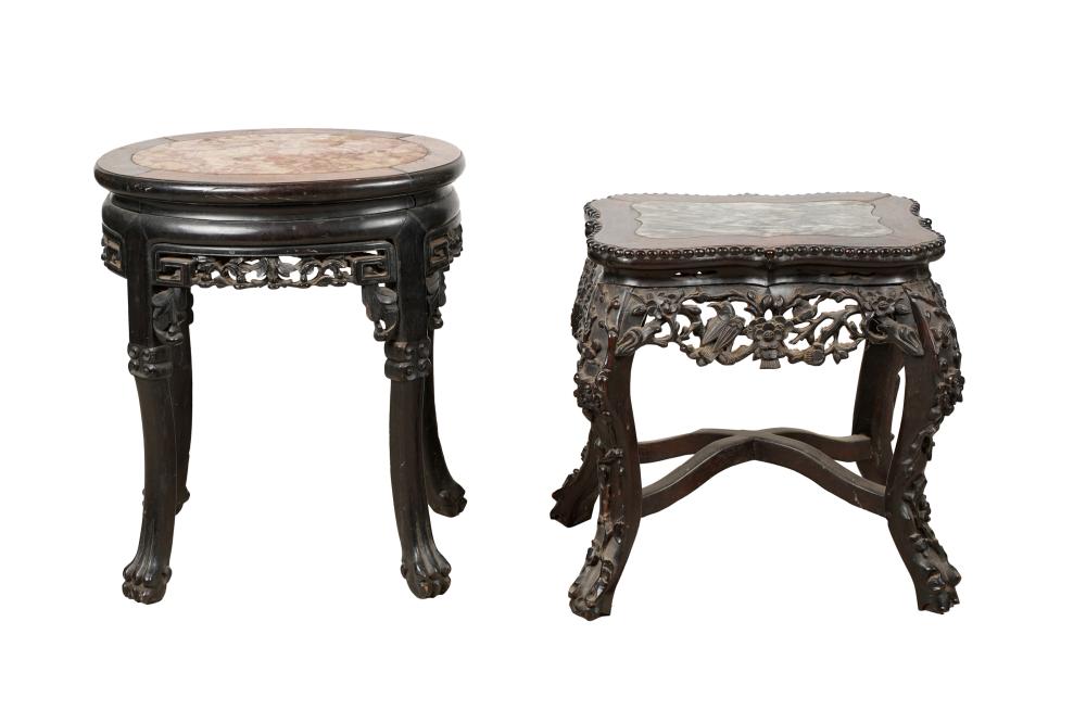 Appraisal: TWO CHINESE MARBLE-INSET CARVED WOOD STANDSProvenance Property from a San