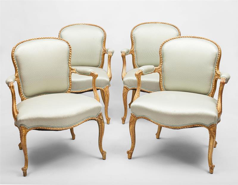 Appraisal: Set of Four George III Style Giltwood Armchairs Modern Upholstered