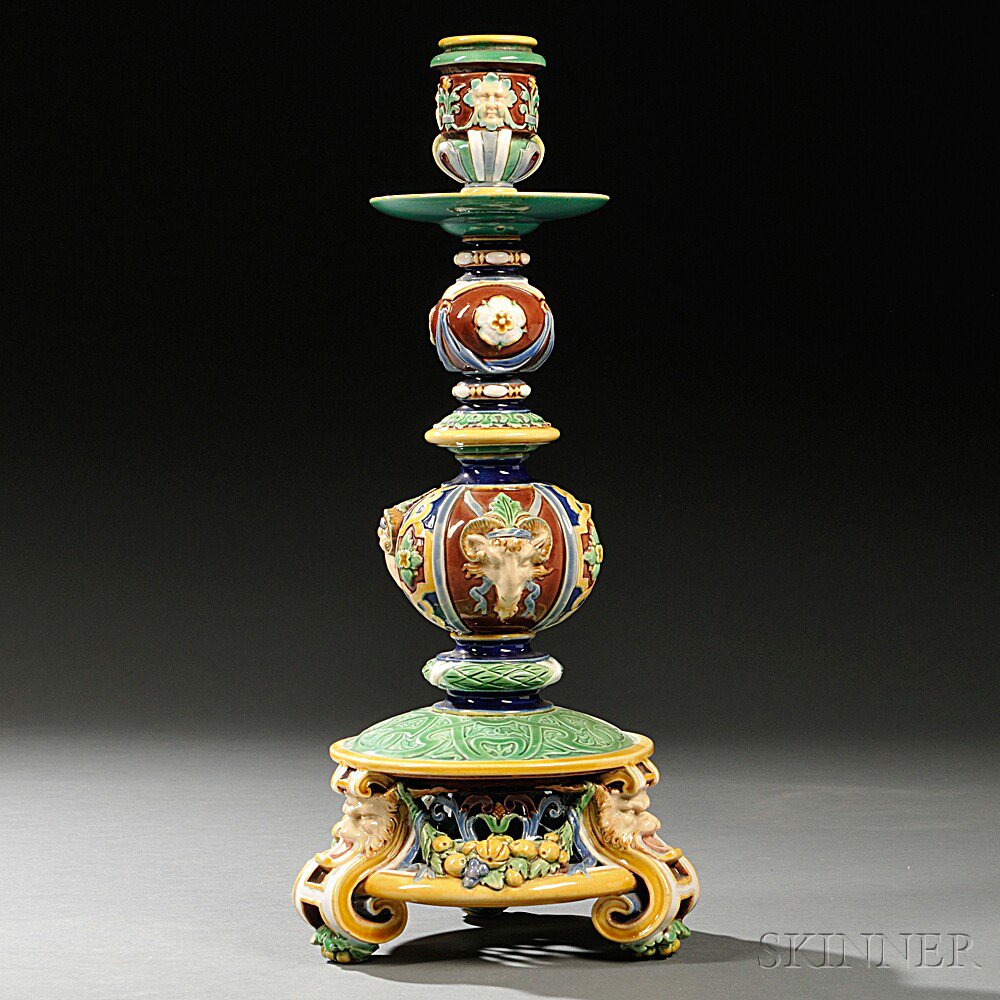 Appraisal: Minton Majolica Flemish-style Candlestick England c decorated in relief with