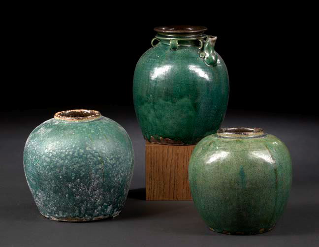 Appraisal: Group of Three Southern Chinese Green-Glazed Storage Jars th century