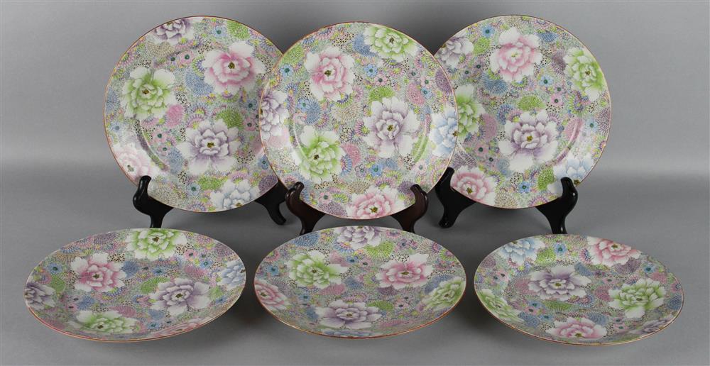 Appraisal: SIX JAPANESE MILLEFIORI DESSERT PLATES six-character painted cartouches within footring