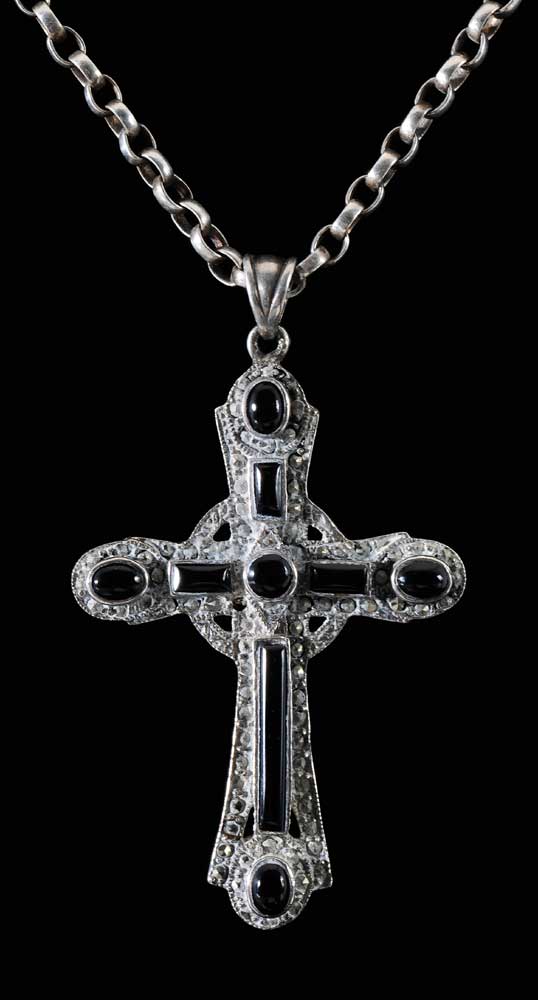 Appraisal: Sterling Cross Necklace onyx and marcasite pendant cross with oval