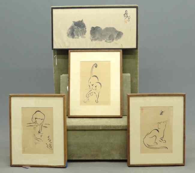 Appraisal: Artwork lot four pcs including Asian cat print Asian pen