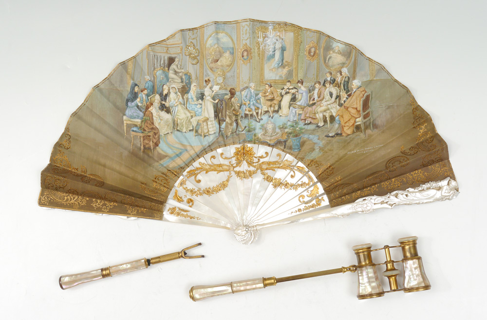 Appraisal: HAND PAINTED MOTHER OF PEARL FAN OPERA GLASSES To include