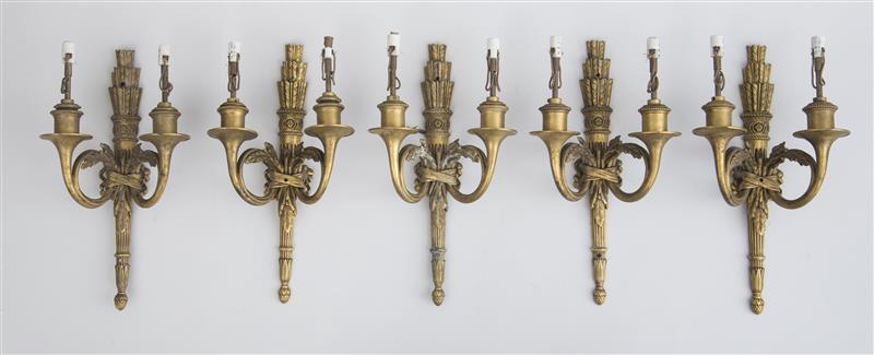 Appraisal: SET OF FIVE LOUIS XVI STYLE GILT-BRASS TWO-LIGHT WALL SCONCES