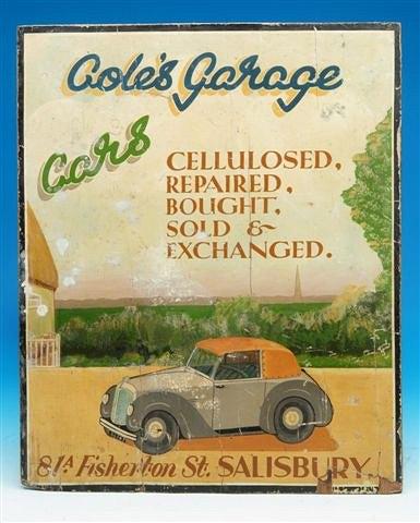 Appraisal: A HAND-PAINTED GARAGE SIGN for Cole's garage of A Fisherton