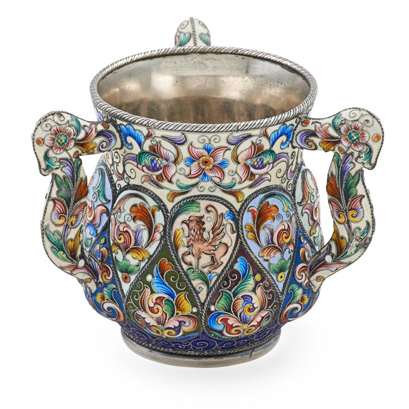 Appraisal: RUCKERT CLOISONNE ENAMELED SILVER THREE HANDLE CUP Fedor Ruckert Moscow