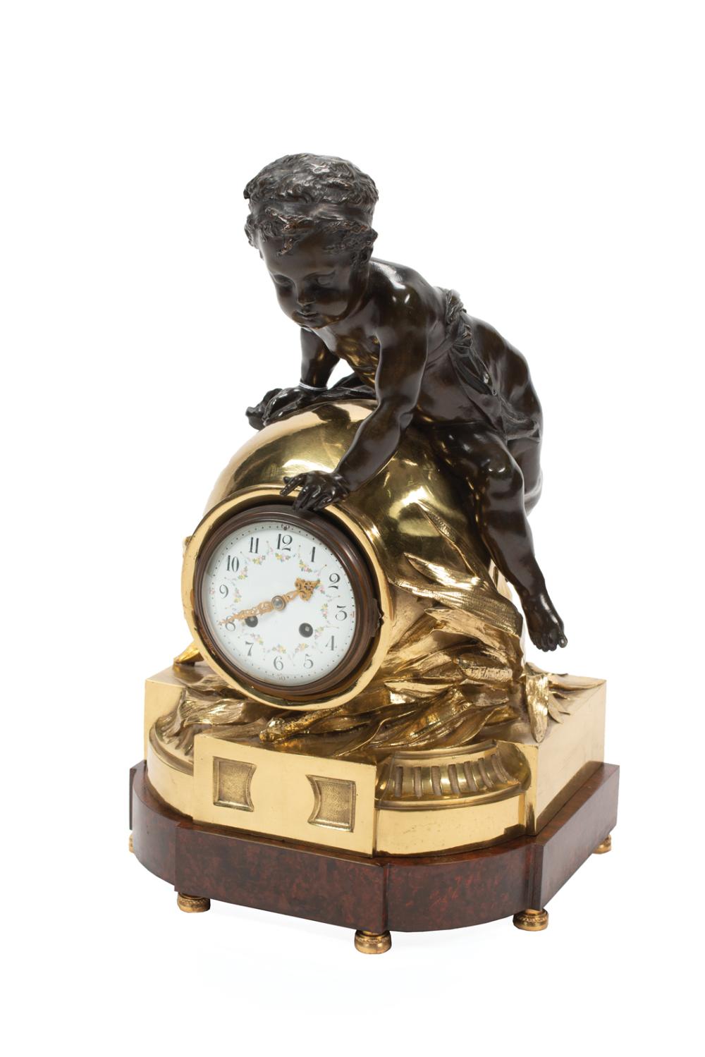 Appraisal: French Bronze Figural Clock late th c case surmounted by