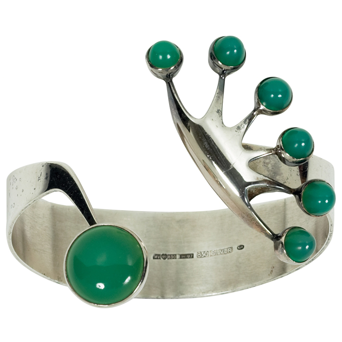 Appraisal: Finnish bracelet silver with green agates '' crown-shaped element to