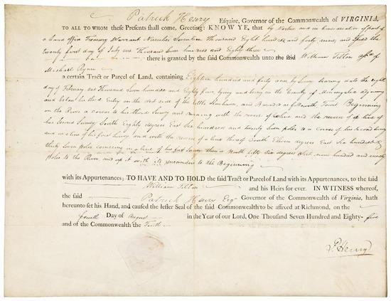 Appraisal: HENRY Patrick Partly-printed document signed as Governor of Virginia granting