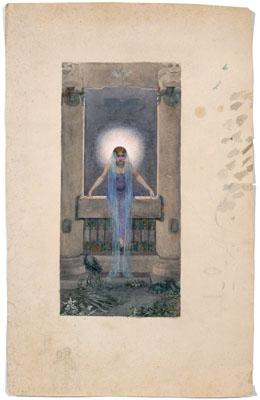 Appraisal: Pre-Raphaelite watercolor woman seated on a ledge between two columns