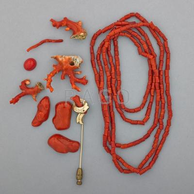 Appraisal: RED CORAL AND JEWELRY Strand tubular drilled coral beads Victorian