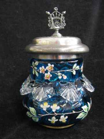 Appraisal: Victorian Blue Enameled Art Glass PickleCastor applied clear trim silverplate