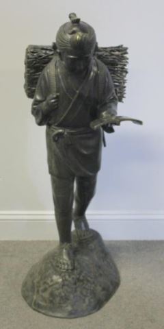 Appraisal: Signed Japanese Patinated Bronze Sculptor of a BoyReading Antique great