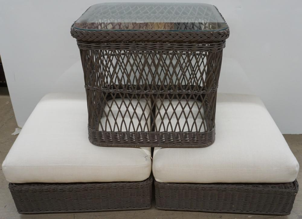 Appraisal: Two Painted Wicker and Upholstered Ottomans and a Wicker Glass