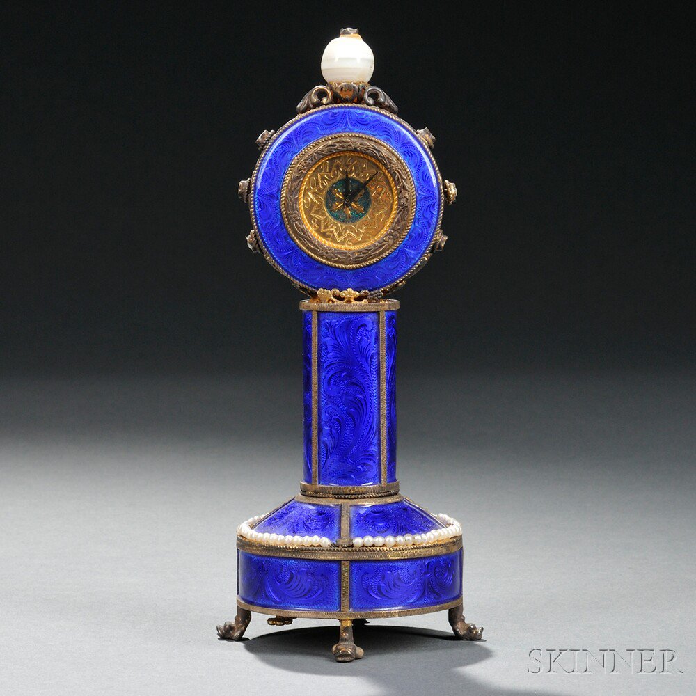 Appraisal: Continental Silver Gilt-metal Blue Enamel and Pearl Musical Clock late