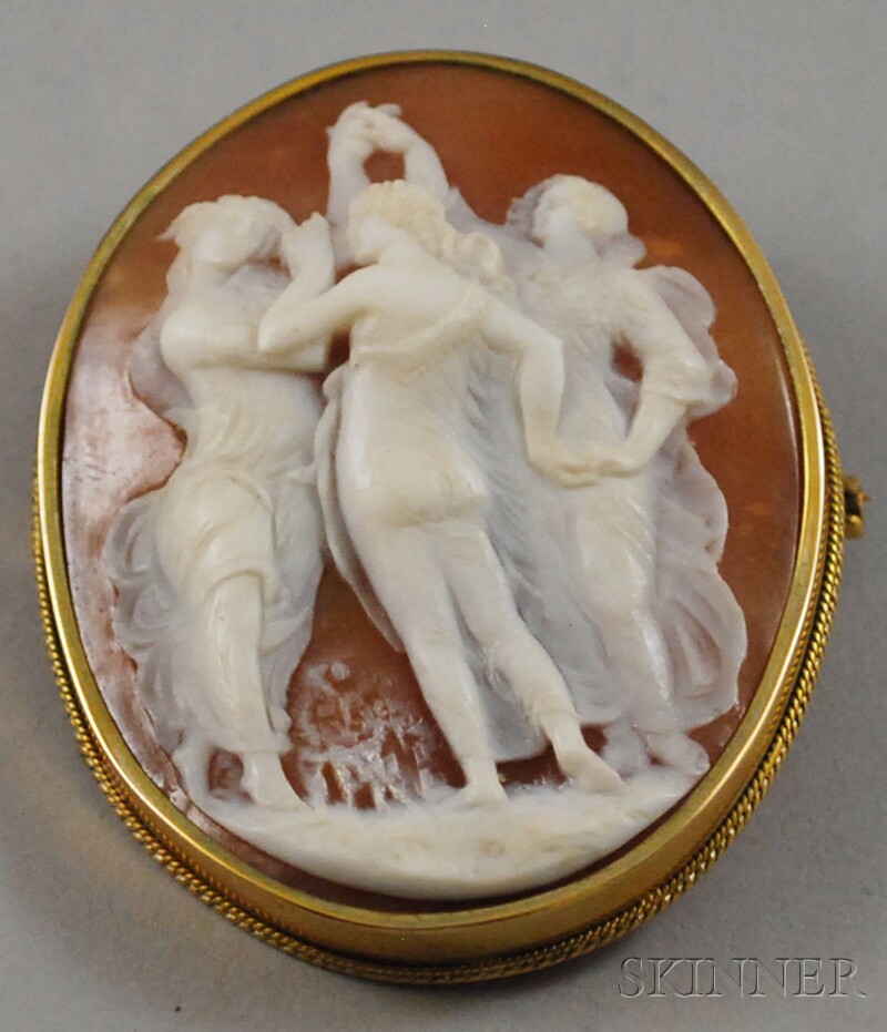 Appraisal: kt Gold-framed Shell-carved Cameo Pendant Brooch depicting the Three Graces