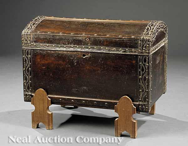 Appraisal: An Antique Iberian Hardwood Brass-Bound and Tooled Leather Trunk early