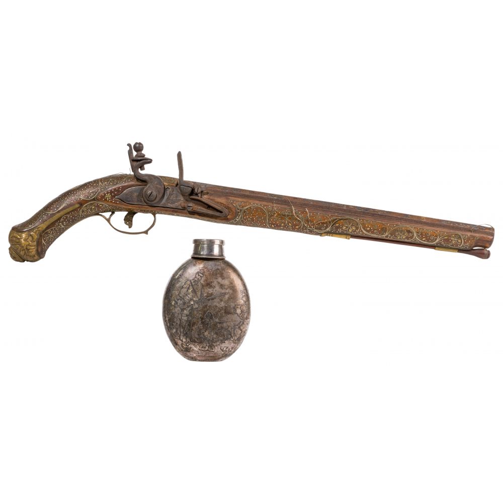 Appraisal: FLINTLOCK PISTOL AND HUNTING FLASK items including North African Turkish