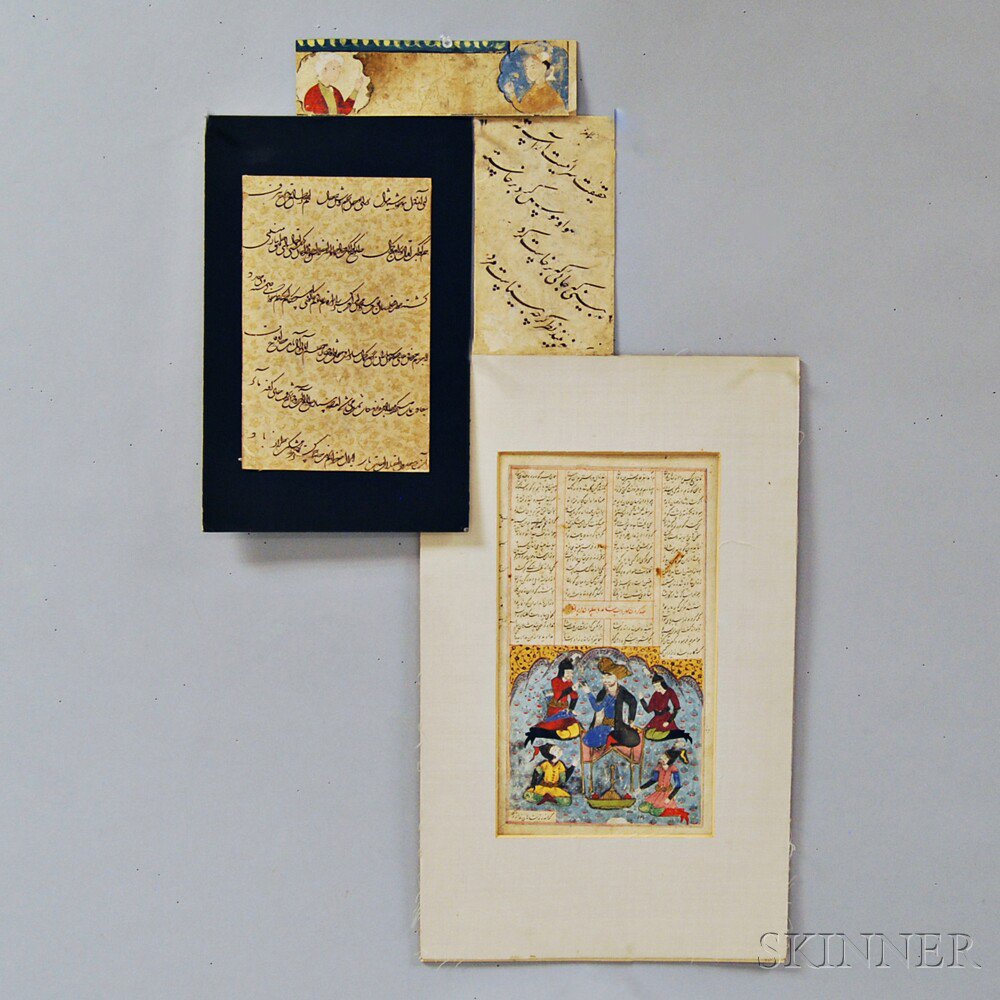 Appraisal: Illuminated Folio of Calligraphy and Three Calligraphy Fragments Persia and