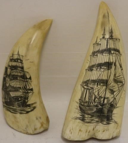 Appraisal: LATE TH C SCRIMSHAW WHALES TEETH ONE SHOWSA FULLY RIGGED