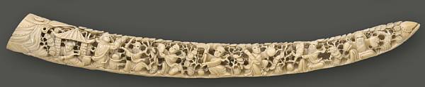 Appraisal: A reticulated ivory tusk with figural decoration th Century The