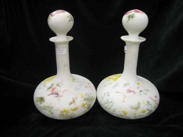 Appraisal: Pair of Victorian Satin Glass Barber Bottles handpainted