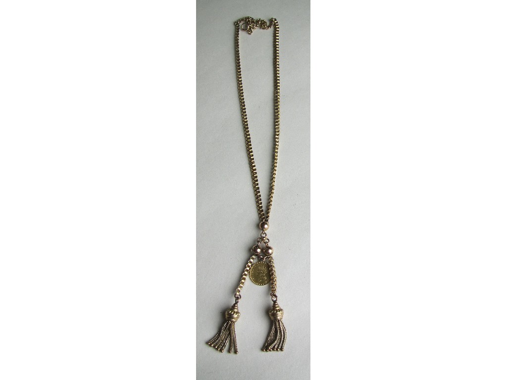 Appraisal: Nine carat rose gold box link necklace with tassel appendage