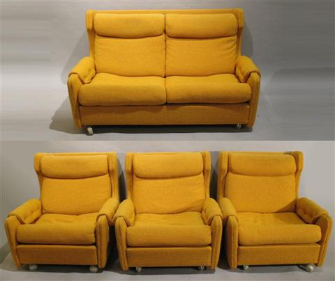 Appraisal: MODERN ORANGE UPHOLSTERED SOFA ARMCHAIRS Suite includes a sofa and