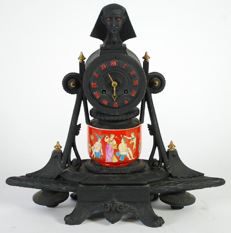 Appraisal: VICTORIAN BLACK CAST METAL MANTEL CLOCK in Egyptian taste with