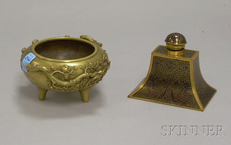 Appraisal: Footed Bronze Censer and Cloisonne Inkwell inkwell decorated with birds