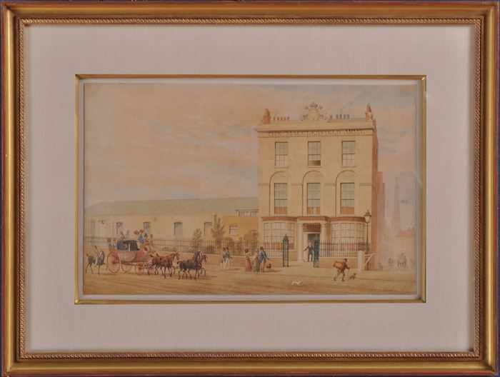 Appraisal: ENGLISH SCHOOL COACH PASSING THE MACCLESFIELD ARMS Watercolor on paper