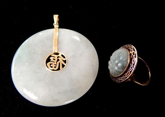 Appraisal: JEWELRY two jade pieces both stamped and tested K yellow