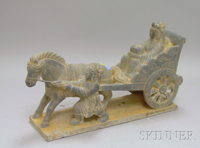 Appraisal: Asian Gray Stone Chariot seated figure holding a gift with