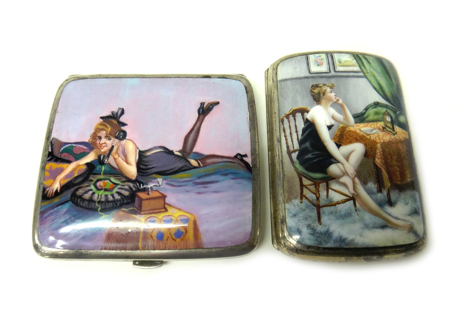 Appraisal: A silver plated and enamelled rectangular cigarette case decorated with