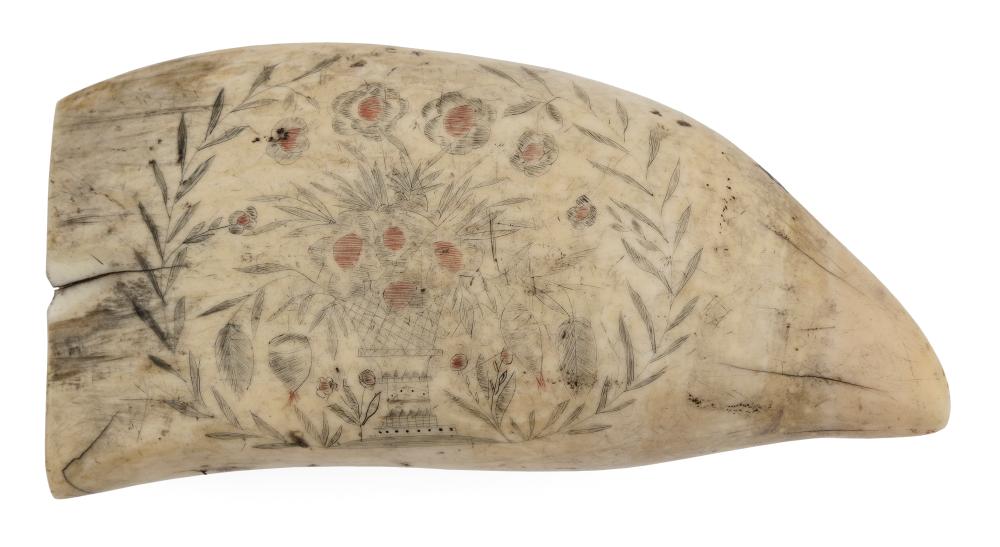 Appraisal: POLYCHROME SCRIMSHAW WHALE'S TOOTH WITH FLOWER BASKET AND VILLAGE SCENE