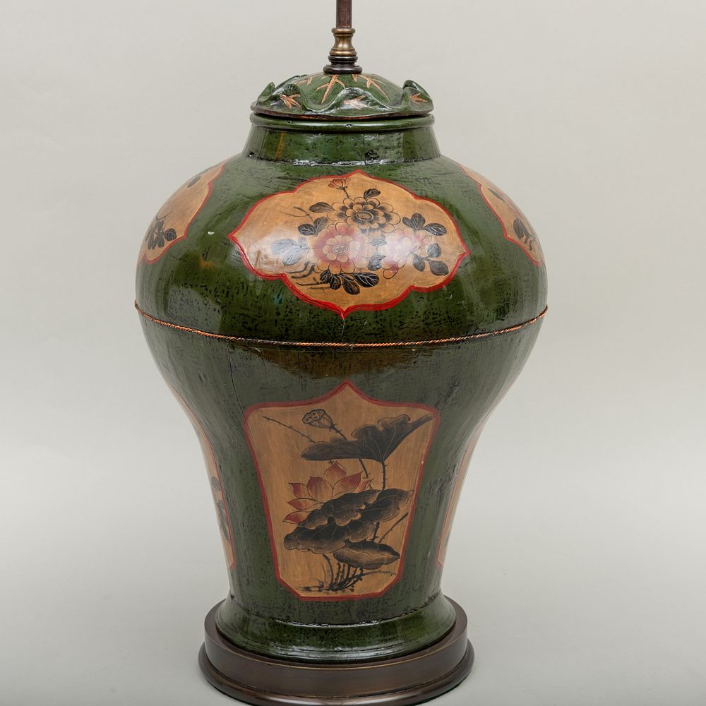 Appraisal: Large Asian Lacquer Jar and Cover Mounted as a Lamp