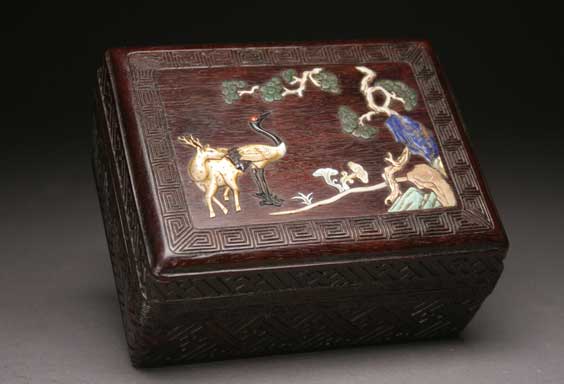 Appraisal: APPLIQU ZITAN WOOD BOX Finely appliqu d Chinese zitan wood