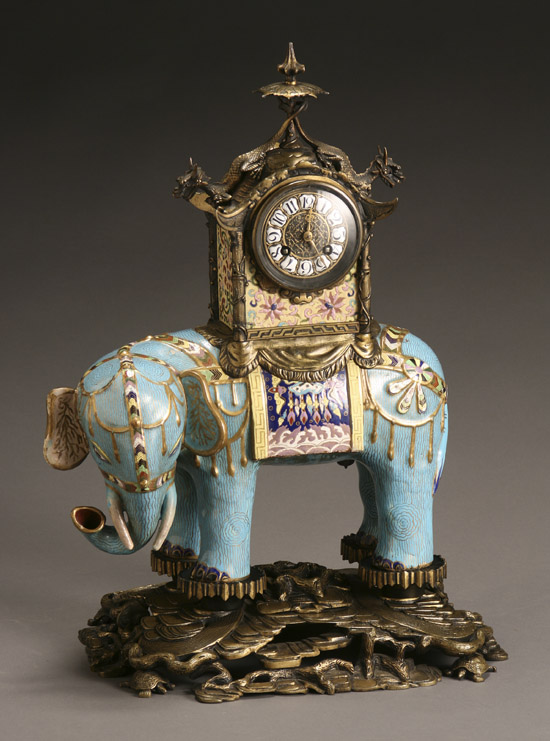 Appraisal: French Champlev Enamel and Ormolu Chinoiserie Elephant-Form Clock First Half