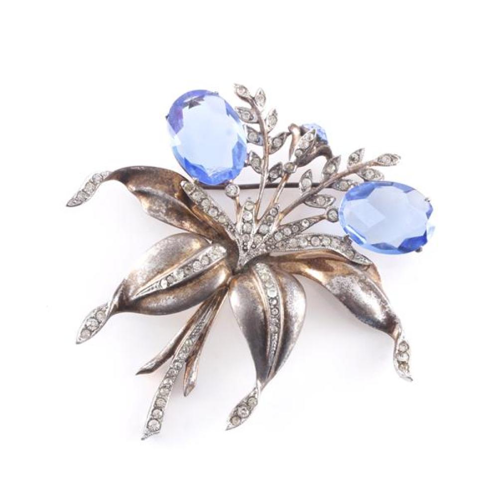 Appraisal: STERLING VERMEIL 'S FLOWER PIN BROOCH WITH TWO LARGER FACETED