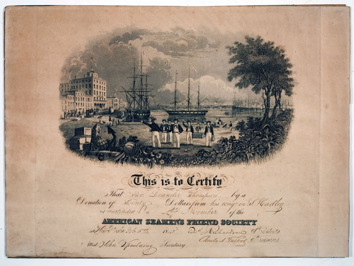 Appraisal: ENGRAVED CERTIFICATE FOR DONATIONS TO THE AMERICAN SEAMEN'S FRIEND SOCIETY