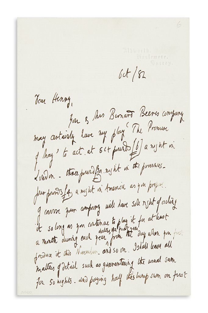 Appraisal: YOU MAY CERTAINLY HAVE MY PLAY TENNYSON ALFRED Autograph Letter