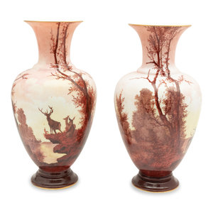 Appraisal: A Large Pair of French Painted Opaline Glass Vases Circa