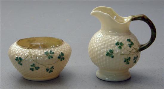 Appraisal: Belleek sugar bowl and cream jug - with basketweave and