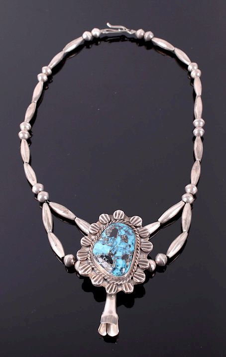 Appraisal: Navajo Morenci Turquoise Silver Necklace For your consideration is a