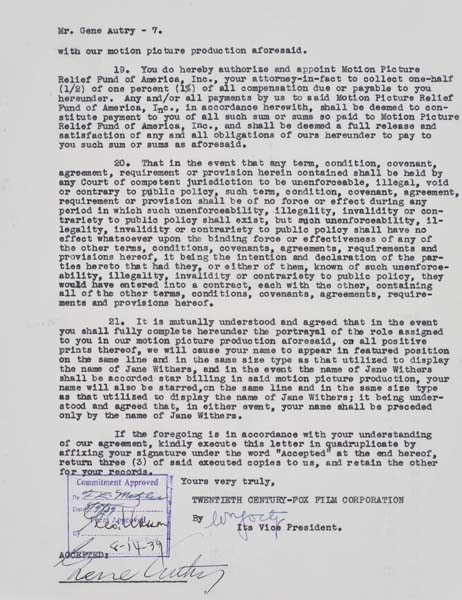 Appraisal: GENE AUTRY Contract signed by Autry for Shooting High July