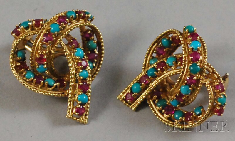 Appraisal: Pair of kt Gold Ruby and Turquoise Knot Earclips total